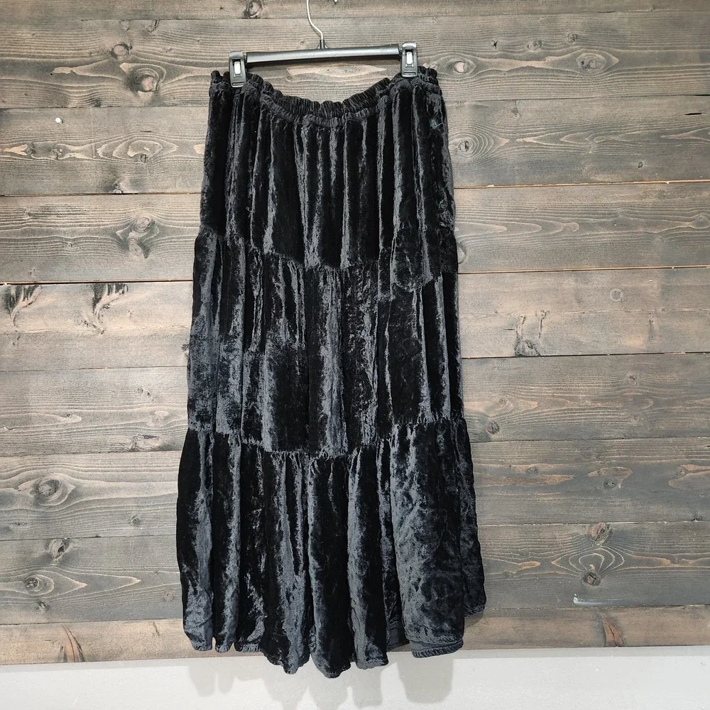 Black Tiered Velvet Maxi Skirt Whimsigoth Fairy Grunge Large XL One Size Rayon